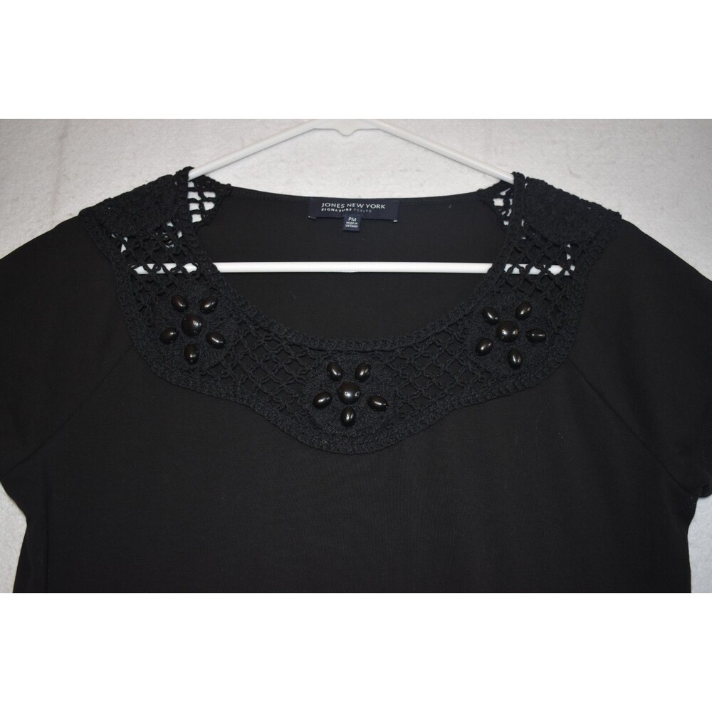 Jones New York petite medium black womens blouse Crochet Neckline W/ Beads